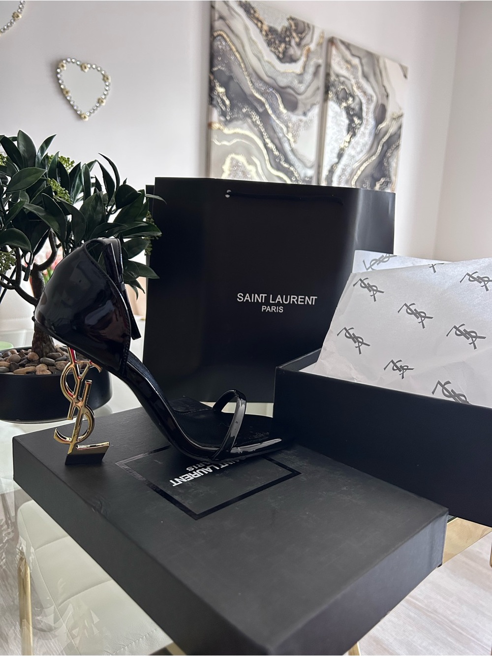 Saint Laurent Black Patent Logo-Heel Sandals with Gold YSL Heel